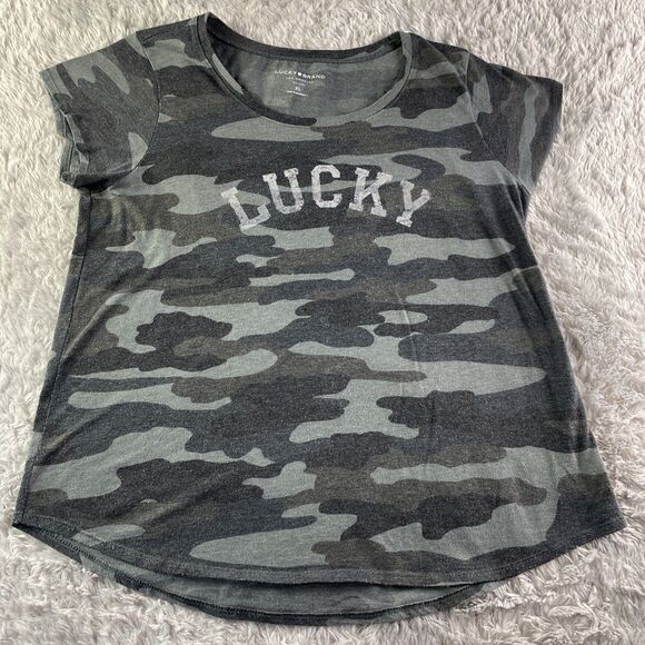 Lucky Brand Shirt Womens Extra Large Gray Black Camouflage Camo Tee Military - Picture 2 of 8
